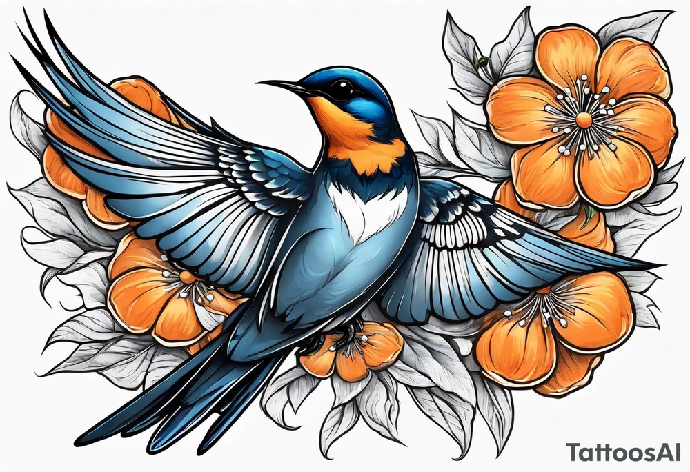 swallow sitting on an orange blossom branch with its wings up tattoo idea