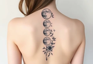 Phases of the moon down the spine details on the moon. With vines and stars and flowers along the sides down beside the phases of the moon tattoo idea