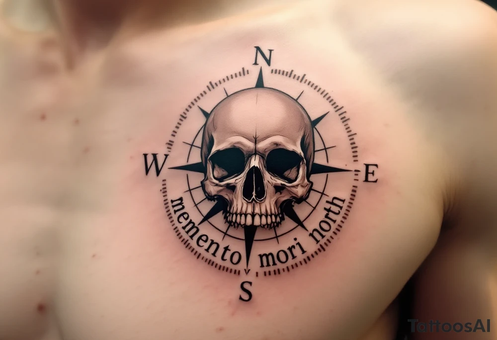 A muted sepia compass pointing to a skull instead of north, with "memento mori" curving around the outer ring. tattoo idea