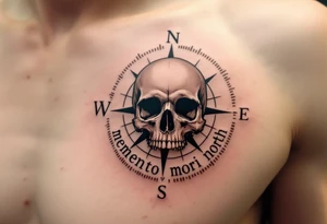 A muted sepia compass pointing to a skull instead of north, with "memento mori" curving around the outer ring. tattoo idea