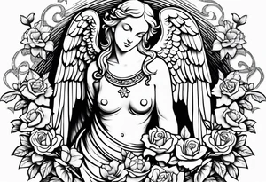 Simple Angel statue stood on a rock with daffodils and roses wrapped around its legs tattoo idea