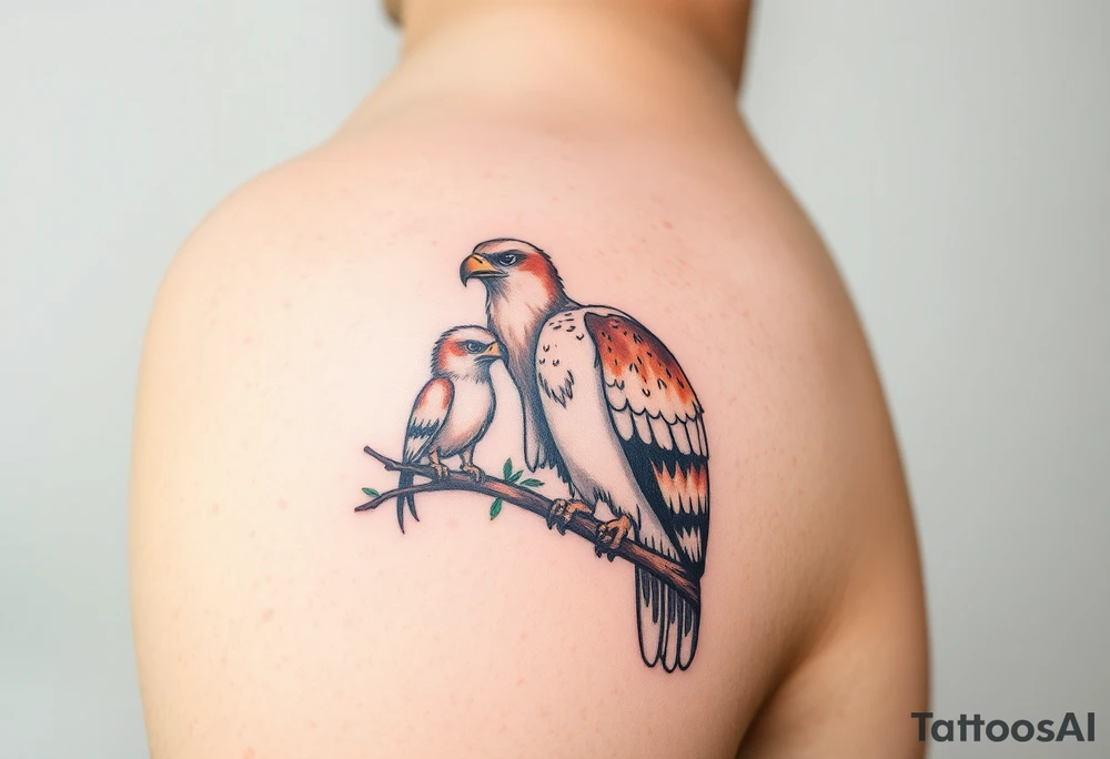 A mother and baby eagle perched on a branch, with soft watercolor strokes in natural colors tattoo idea