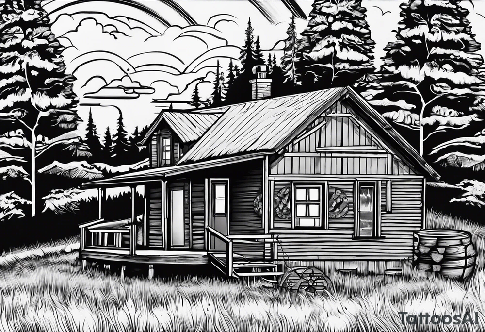 cabin chimney smoke says "Hutting Est. 2004" friends sunset tattoo idea