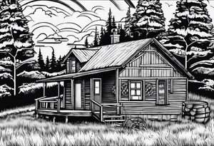 cabin chimney smoke says "Hutting Est. 2004" friends sunset tattoo idea