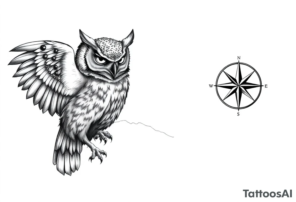 an owl,a compass,landscape. tattoo idea