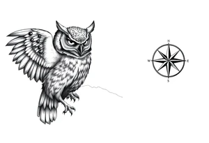 an owl,a compass,landscape. tattoo idea
