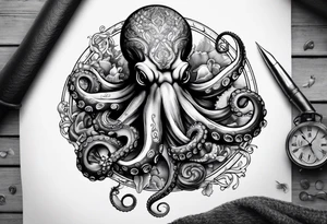 Octopus, pocket watch,seashells tattoo idea