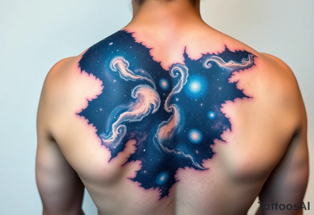 Beautiful and epic 3d milky way that appears to be what is beneath the skin. Make it drape over the shoulder and move to the middle back. use negative spaces to create stars and dust. Incorporate God breathing life into the universe. Keep it symmetrical tattoo idea