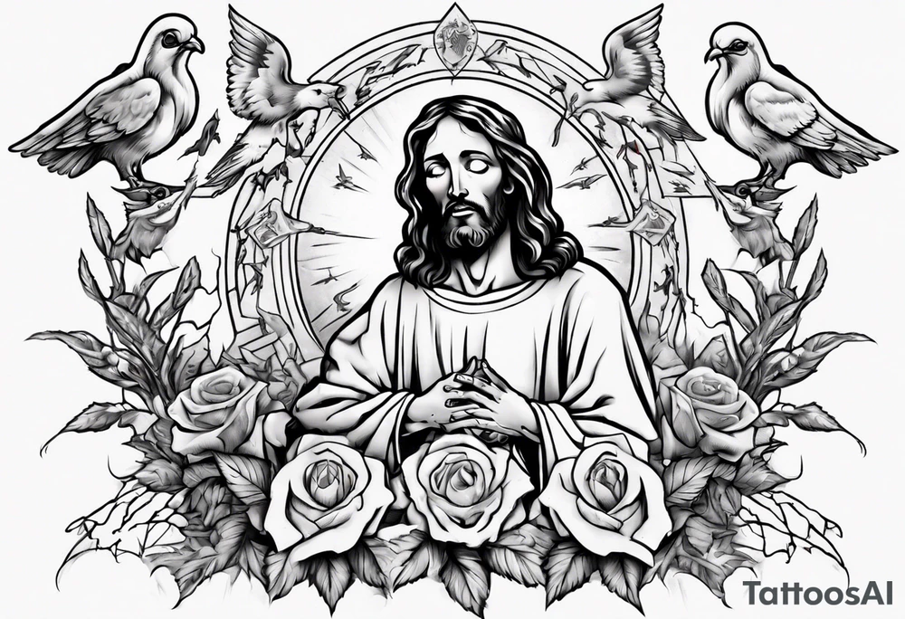 Jesus with thorns and crying, doves, lambs, tattoo idea