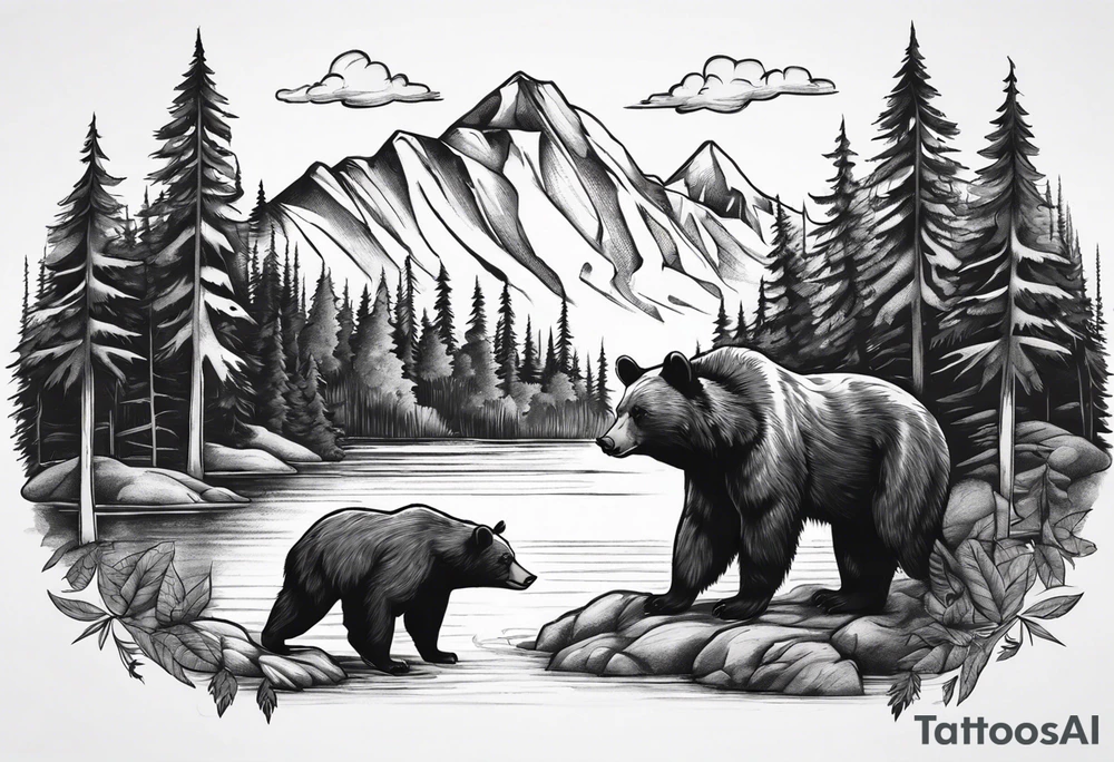 black bear over a forest with a lake below tattoo idea