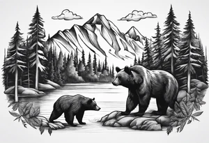 black bear over a forest with a lake below tattoo idea