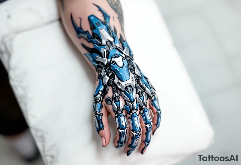 A blue and silver exoskeletal structure integrated with the hand’s contours, mimicking robotic dexterity. tattoo idea