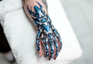 A blue and silver exoskeletal structure integrated with the hand’s contours, mimicking robotic dexterity. tattoo idea