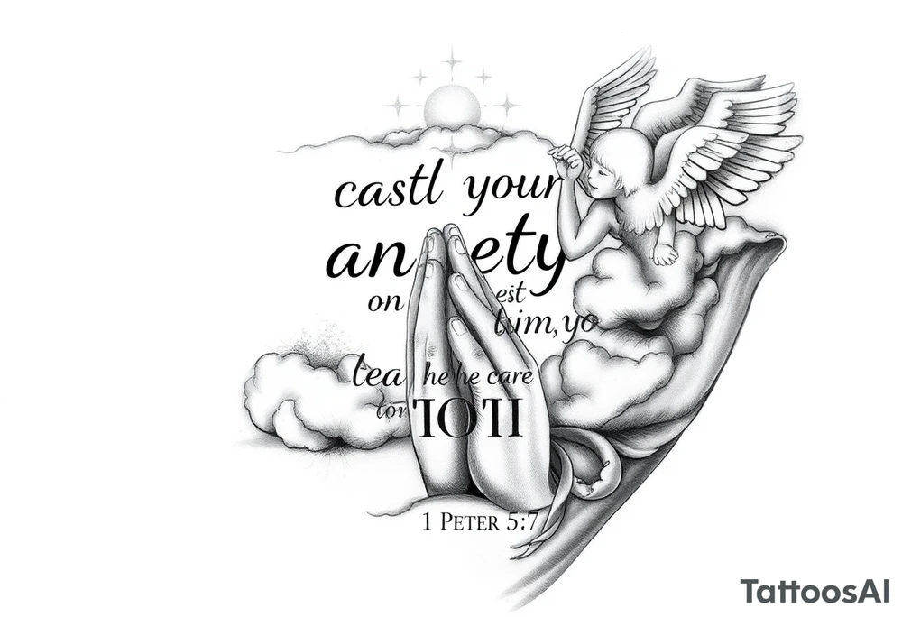 cast all your anxiety on him because he cares for you"  1 peter 5:7 surrounded with clouds and angels and praying hands tattoo idea
