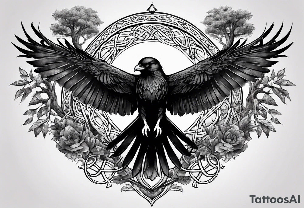 world tree with a cat and a raven and knotwork arm tattoo tattoo idea