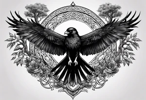 world tree with a cat and a raven and knotwork arm tattoo tattoo idea