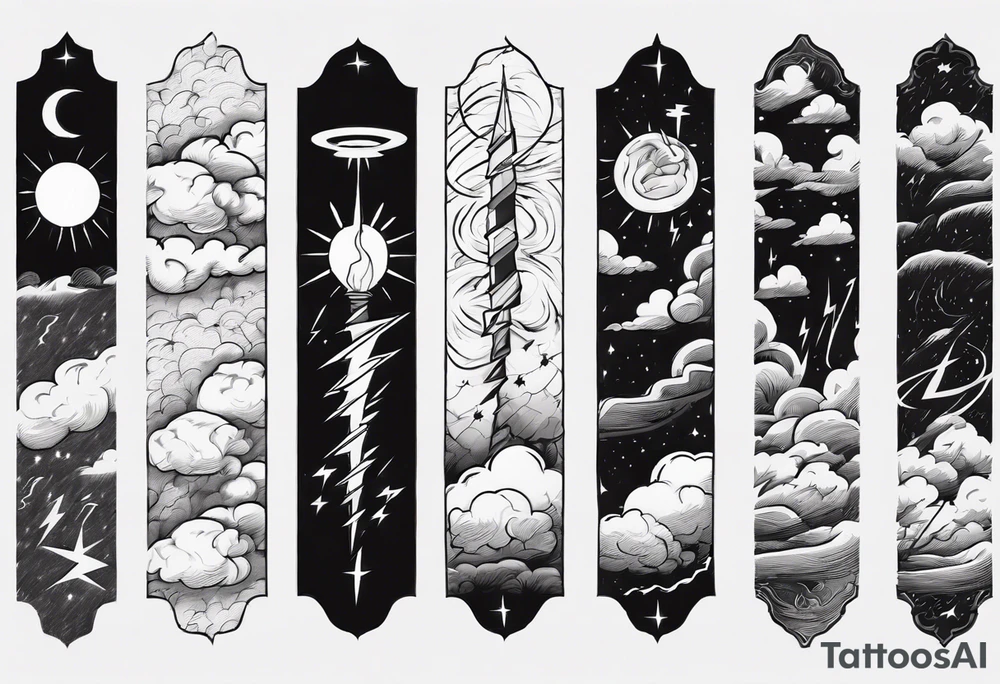 forearm sleeve lightning and clouds pattern tattoo idea