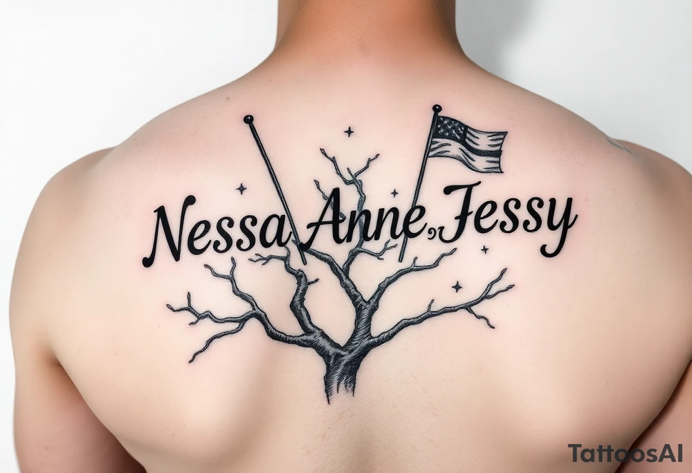 the name Nessa, Anne, Jessy in flags on a live tree tattoo idea