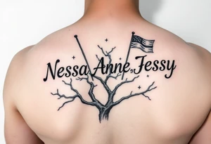 the name Nessa, Anne, Jessy in flags on a live tree tattoo idea
