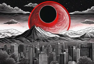 black solar eclipse with red light shining behind it, dark fantasy landscape/city tattoo idea