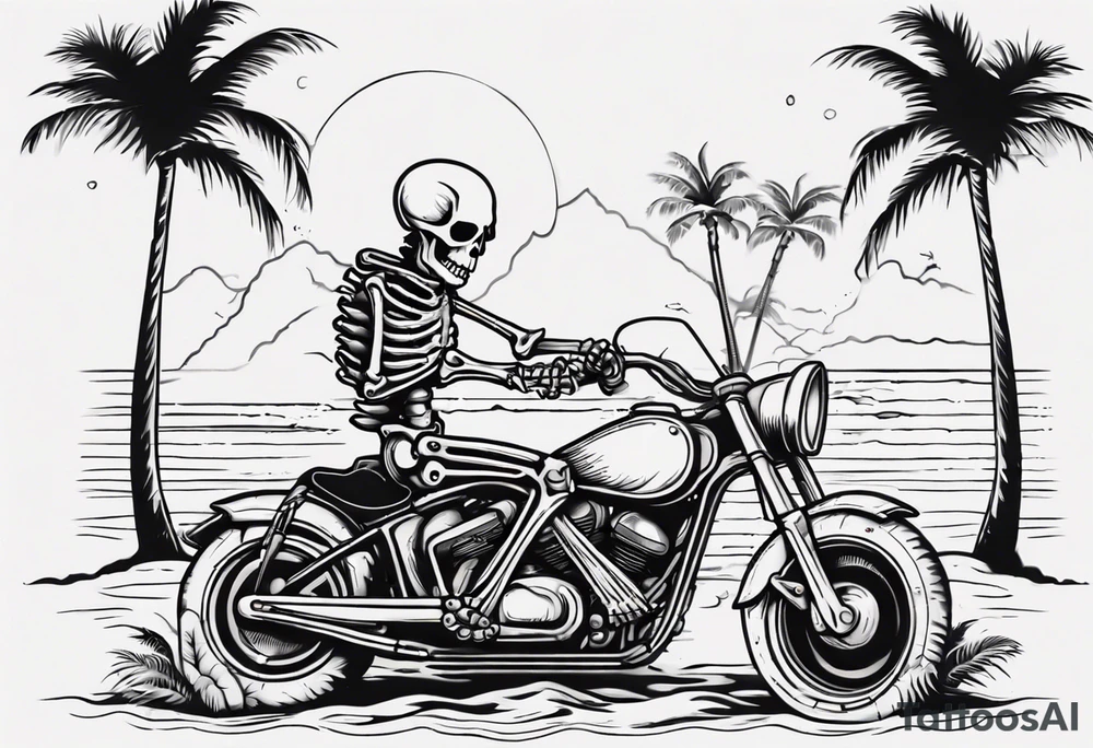 A skeleton riding a motorcycle on the beach with palm trees drinking a beer tattoo idea