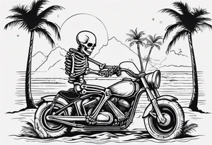 A skeleton riding a motorcycle on the beach with palm trees drinking a beer tattoo idea