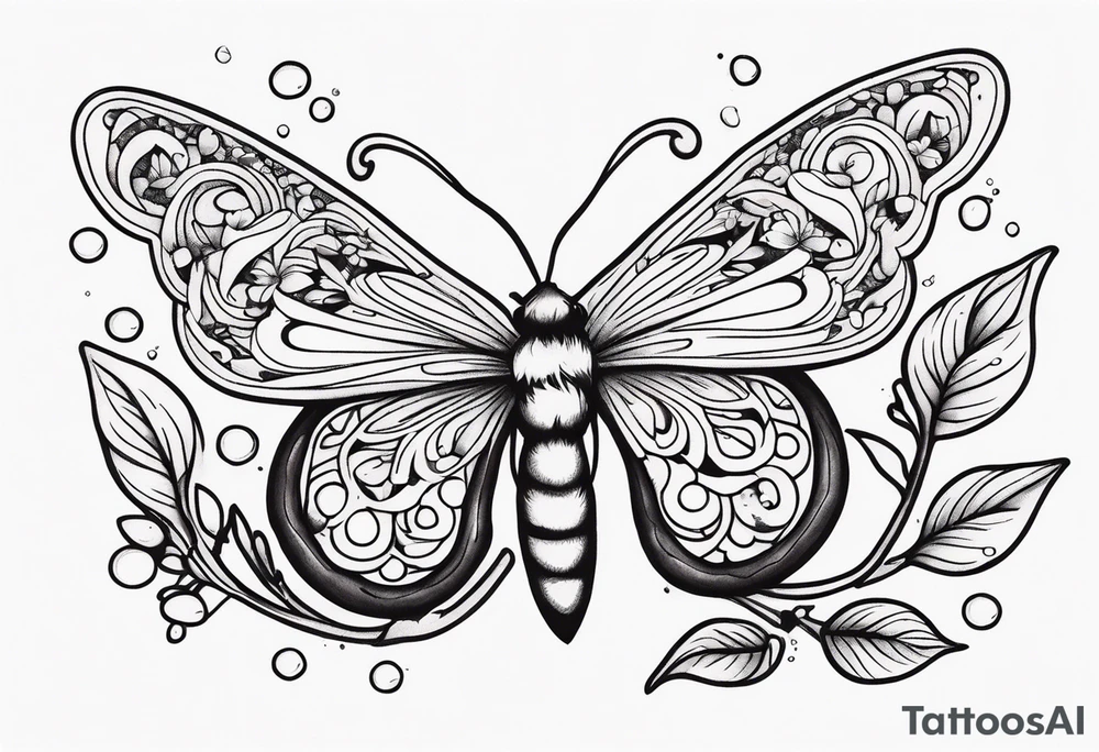 Winding branches and leaves and tiny flowers with a small moth and bubbles tattoo idea