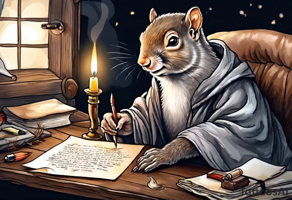 an elderly grey squirrel dressed in a monk robe sitting at a desk in the dark holding a feather quill writing a letter by candlelight tattoo idea