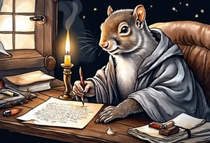 an elderly grey squirrel dressed in a monk robe sitting at a desk in the dark holding a feather quill writing a letter by candlelight tattoo idea