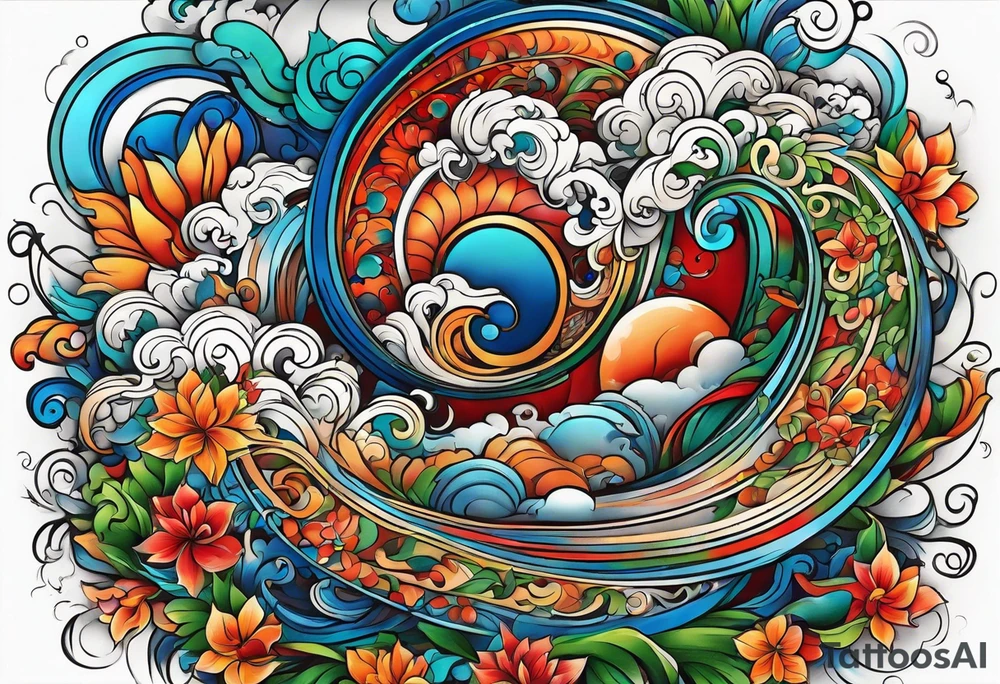 wide swirl of red, blue, orange, green tattoo idea