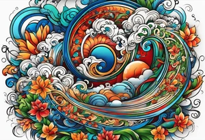 wide swirl of red, blue, orange, green tattoo idea