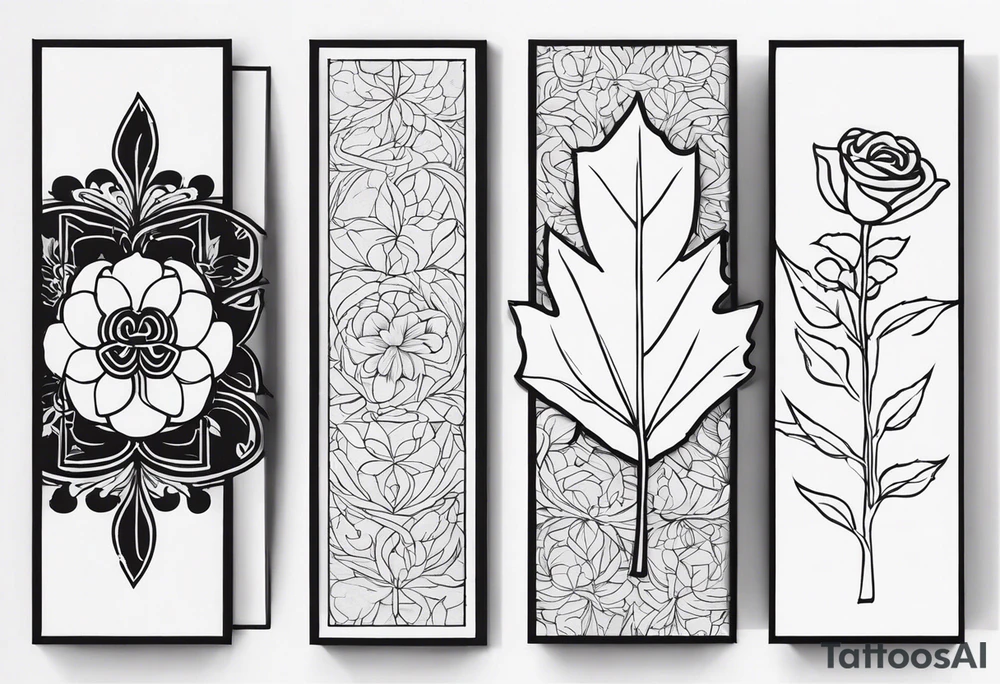 three same-sized rectangles arranged asymmetrically, incorporating a maple leaf and a tudor rose tattoo idea