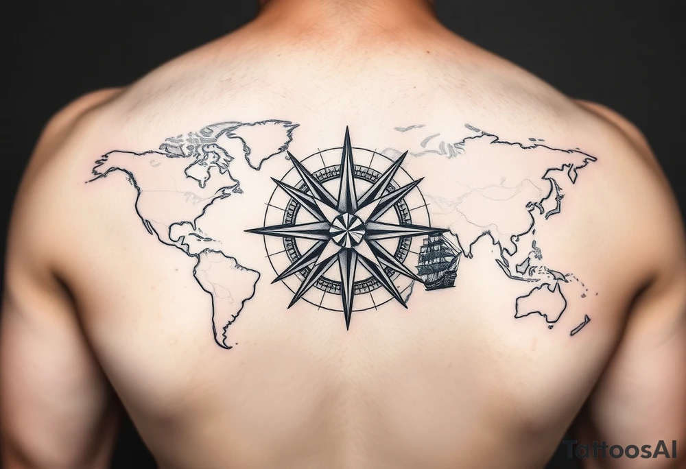 antique compass rose overlaid on weathered world map with sailing ships tattoo idea