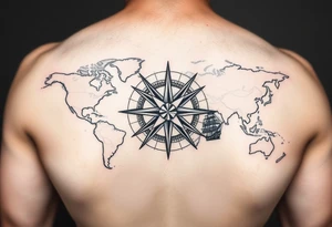 antique compass rose overlaid on weathered world map with sailing ships tattoo idea