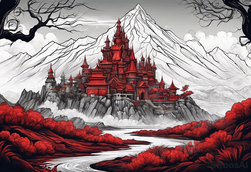 red mountains which there are two fantasies castles. tattoo idea