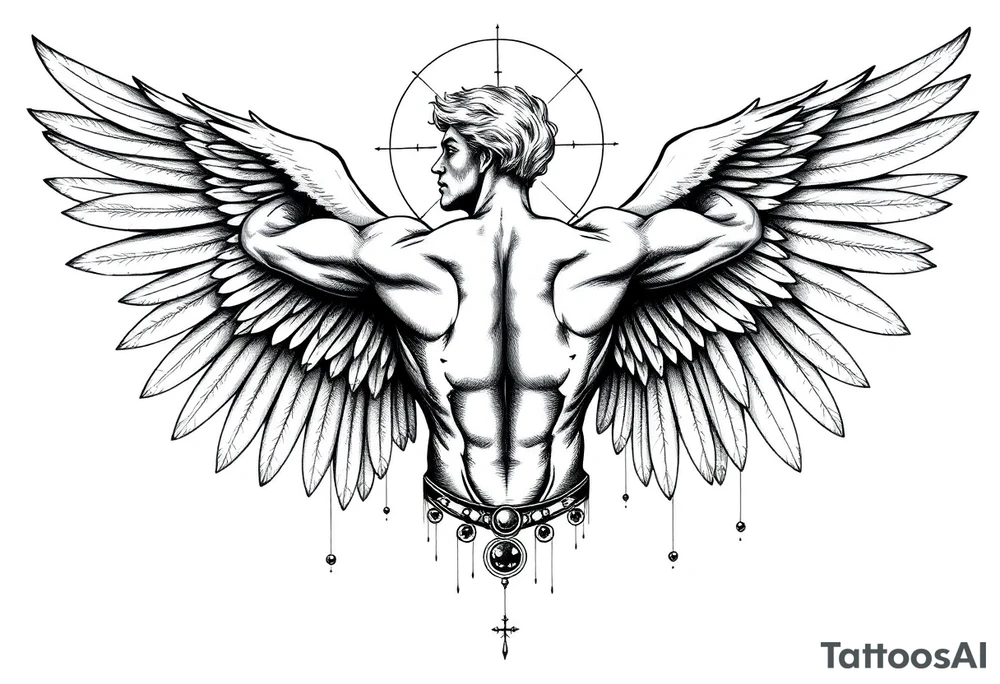 Highly detailed tattoo design in black and white, combining classical anatomy illustration and surreal symbolism. Depict a muscular male angel with large, detailed wings, in a dramatic dynamic pose, inspired by mythological figures like Icarus or Prometheus. Add subtle broken or fragmented body parts effect, thin geometric lines and circles as in sacred geometry, and surreal horror details like abstract eyes with dripping ink. Linework should be precise and clean, with a mix of fine sketch shading and bold outlines. Style similar to fine art etching mixed with modern minimal tattoo art, high contrast, no background. tattoo idea
