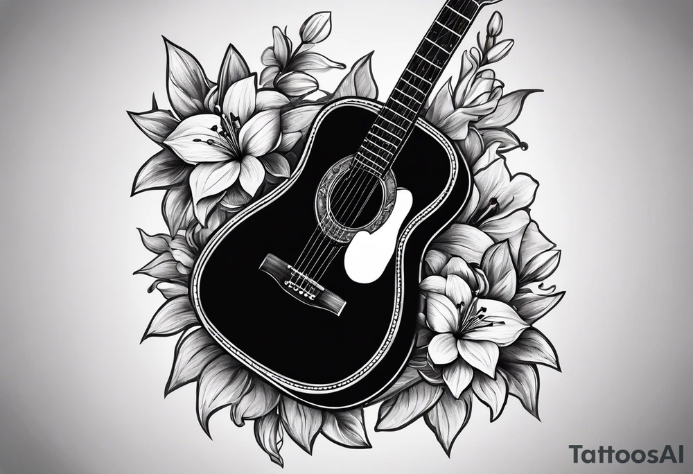 basic black acoustic guitar wrapped with lilies around the neck, with a simple black star on the guitar body. meant for the inside of a woman's bicep tattoo idea