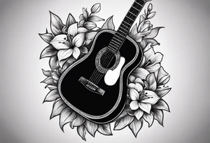 basic black acoustic guitar wrapped with lilies around the neck, with a simple black star on the guitar body. meant for the inside of a woman's bicep tattoo idea