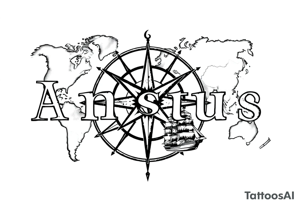 antique compass rose overlaid on weathered world map with sailing ships tattoo idea