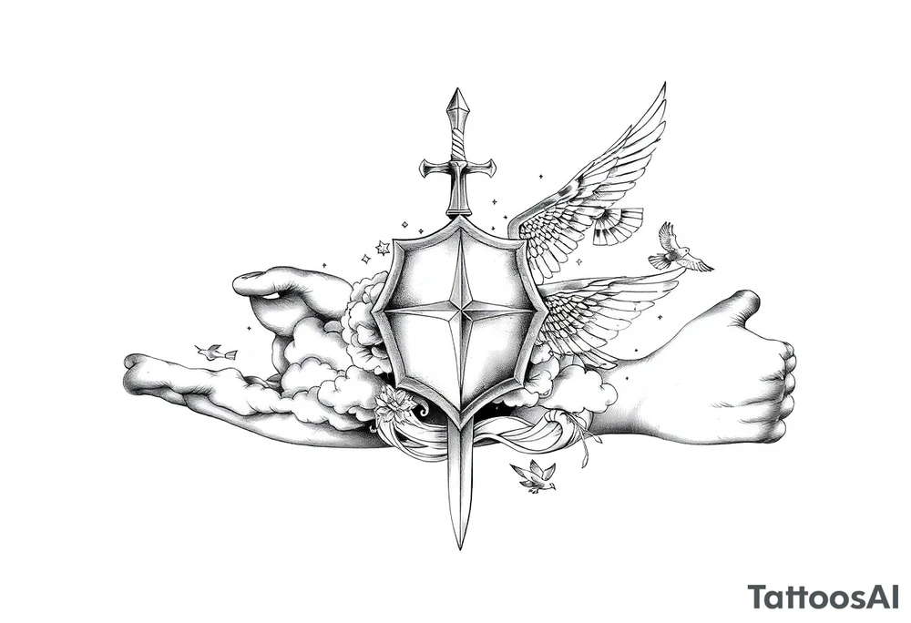 clouds, sword, shield, cross, birds tattoo idea