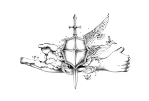 clouds, sword, shield, cross, birds tattoo idea