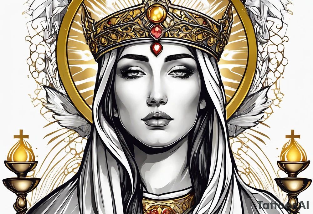 holy saint woman turned away with golden halo holding a chalice tattoo idea
