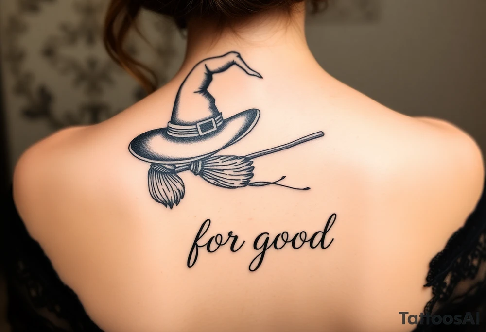 Wicked Broadway theme with a wand, broom, witch hat. Then the lettering “for good” tattoo idea