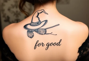 Wicked Broadway theme with a wand, broom, witch hat. Then the lettering “for good” tattoo idea