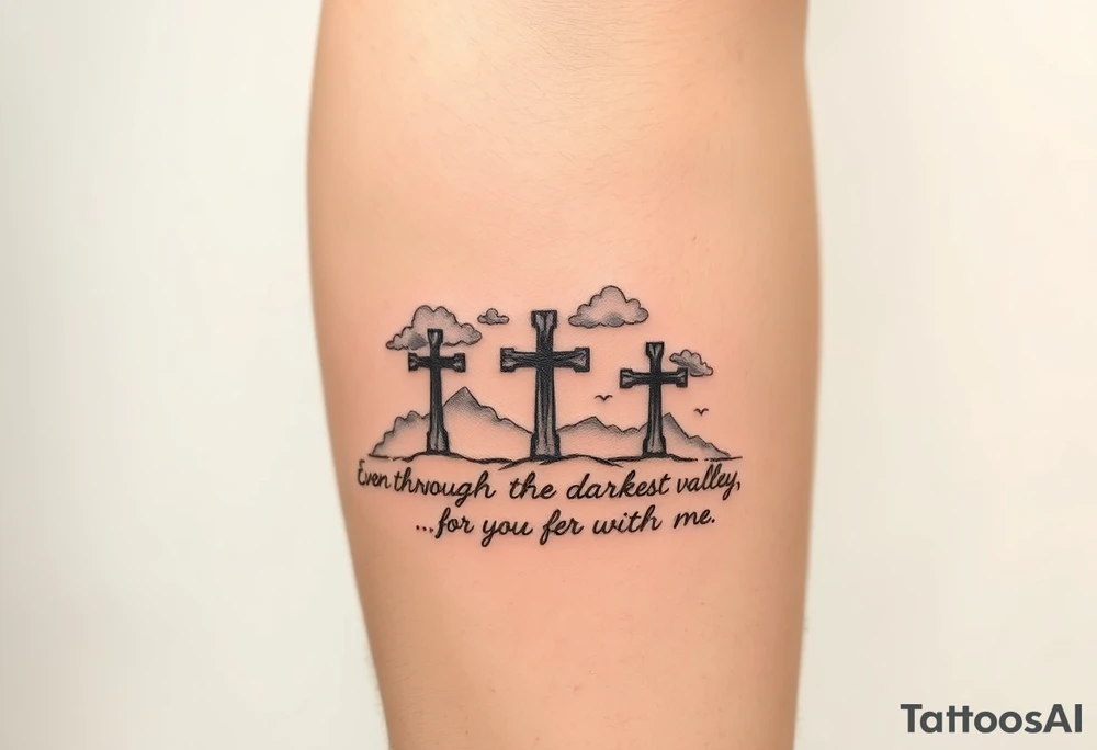 3 crosses, clouds, even though I walk through the darkest valley, I will fear no evil, for you are with me tattoo idea