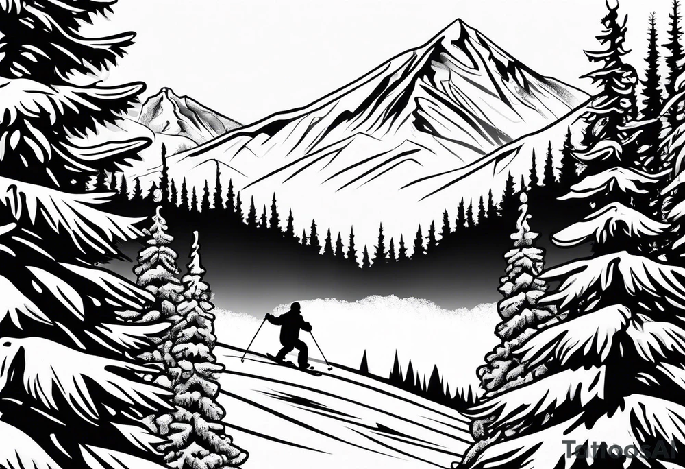 Skier mountain cartoon snowflakes power trees tattoo idea