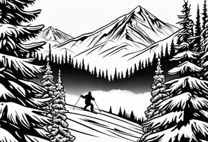 Skier mountain cartoon snowflakes power trees tattoo idea