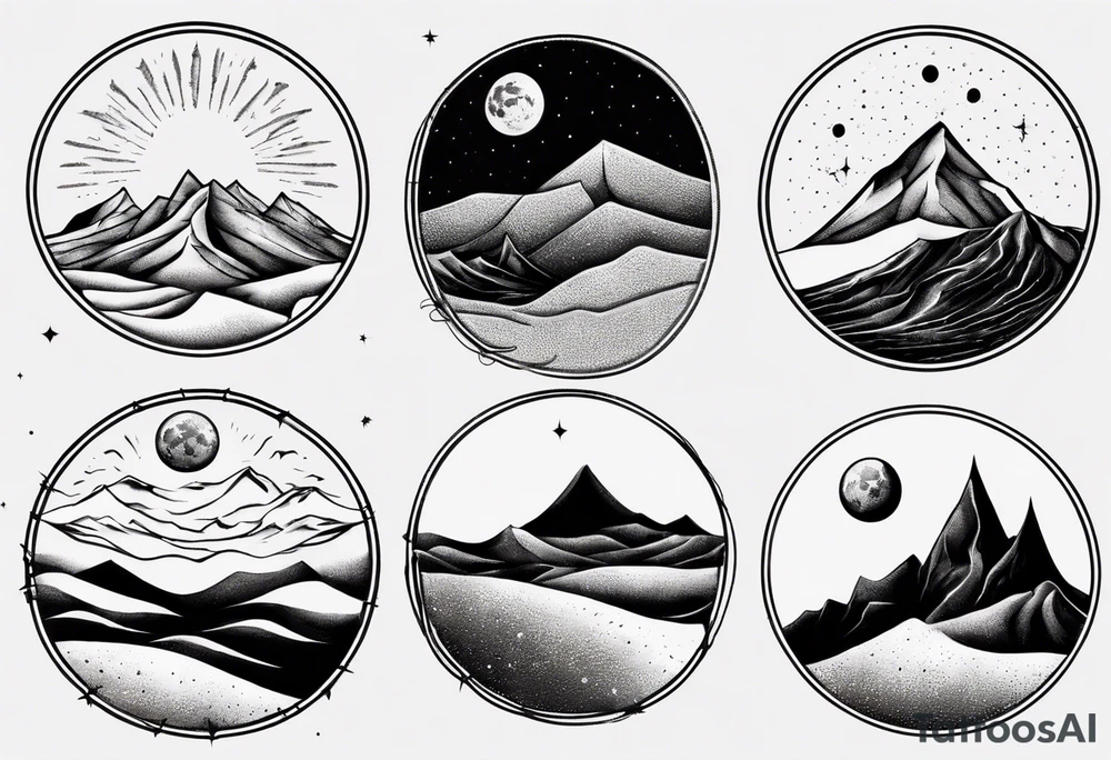 mountains and dunes and moon in the lonely desert tattoo idea