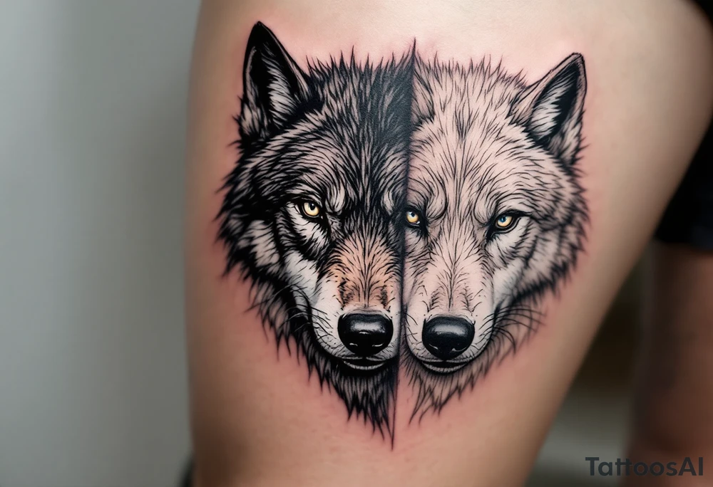 Black wolf face and a white wolf face side by side tattoo idea