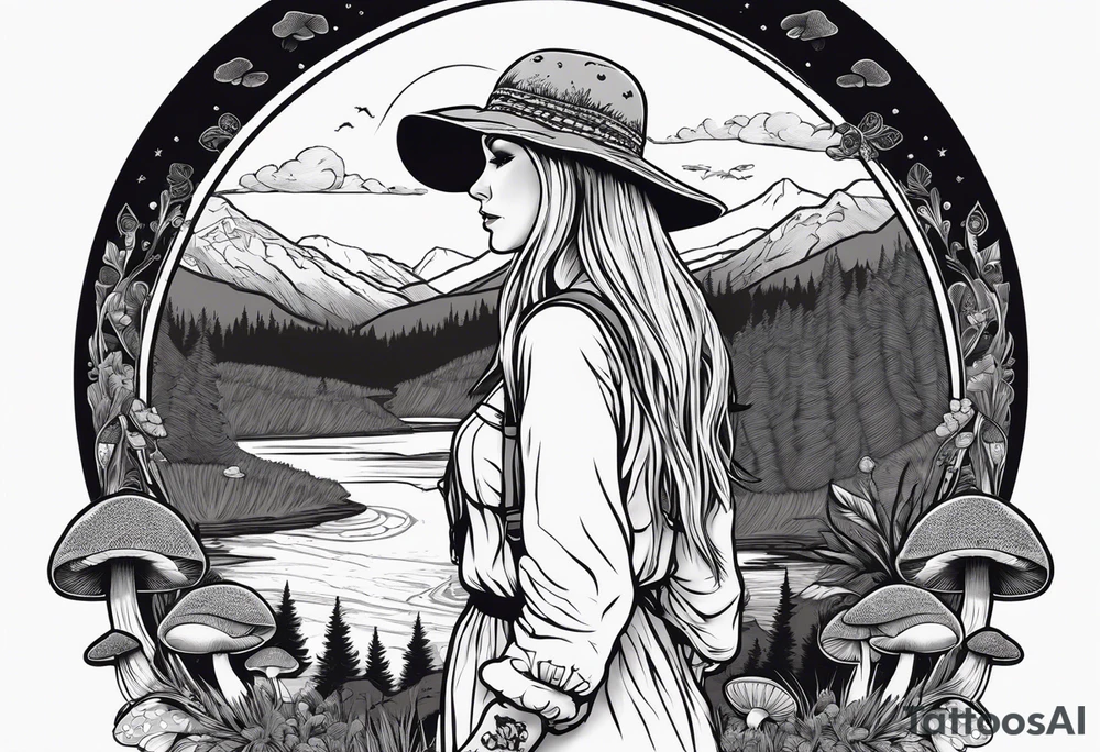 Whole picture encircled fully

Straight long blonde hair hippie girl in distance holding mushrooms in hand facing away toward mountains and creek surrounded by mushrooms long sleeve shirt and hiking pants; whole rendering within a full circle, no cut off circle tattoo idea